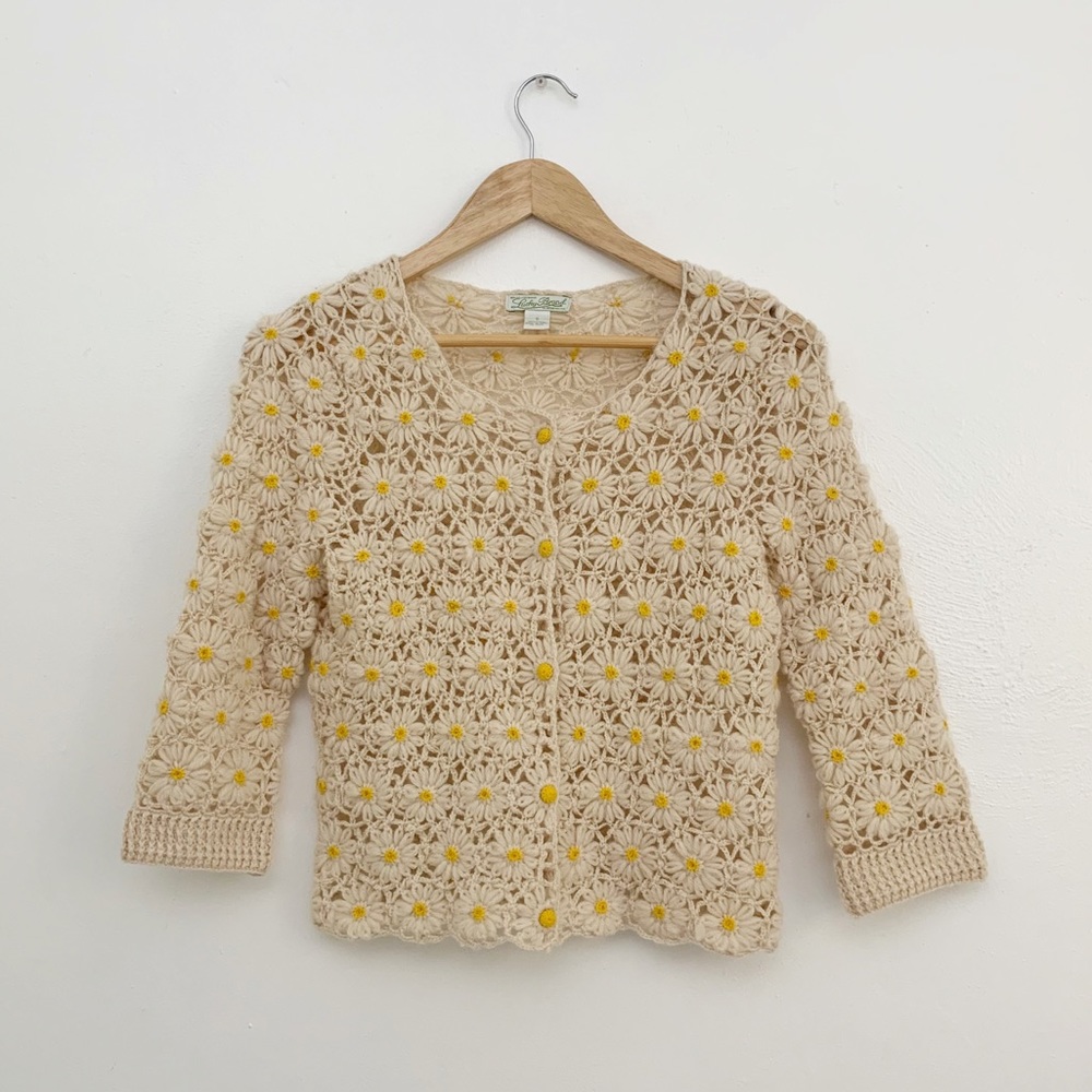 SOLD Vintage Knit Crochet Daisy Cardigan Sweater - Picture 8 of 13